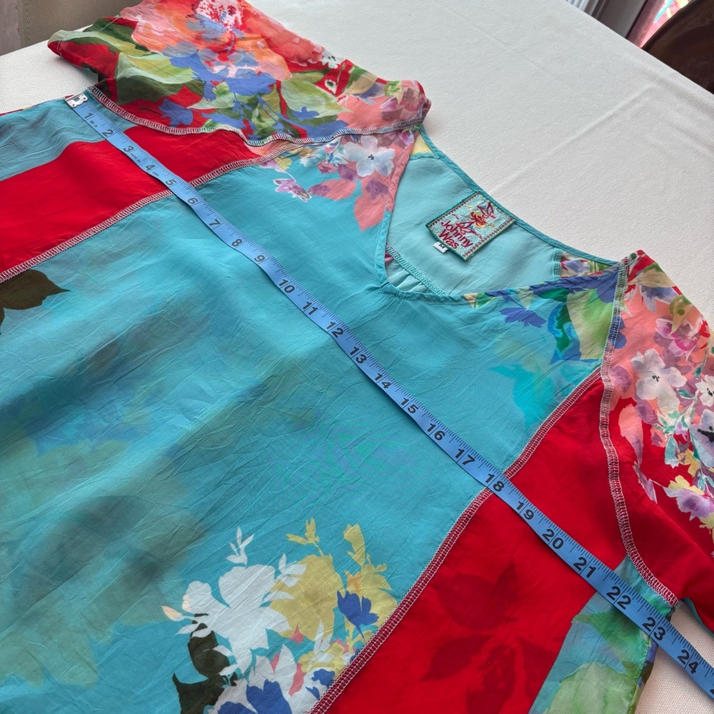 Johnny Was Red & Turquoise Floral Rayon Print Loose Shift Dress! Short Sleeve. M - Picture 10 of 12